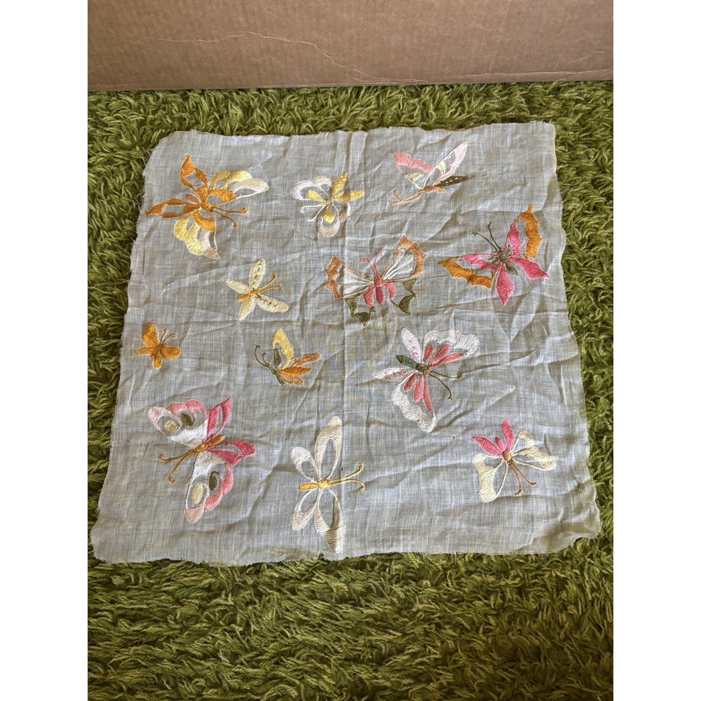 Antique 1880-1920 Hand Embroidered Textile Fabric Pillow Sham Butterfly Floral